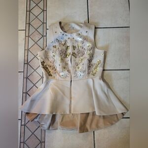 LOGO by Lori Goldstein Beige Blouse with Gold and Silver Embellishments